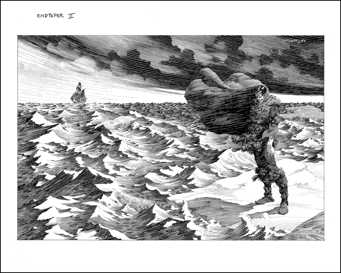 Black and white illustration of Frankenstein's monster standing on an ice floe by a stormy sea with a ship in the distance.