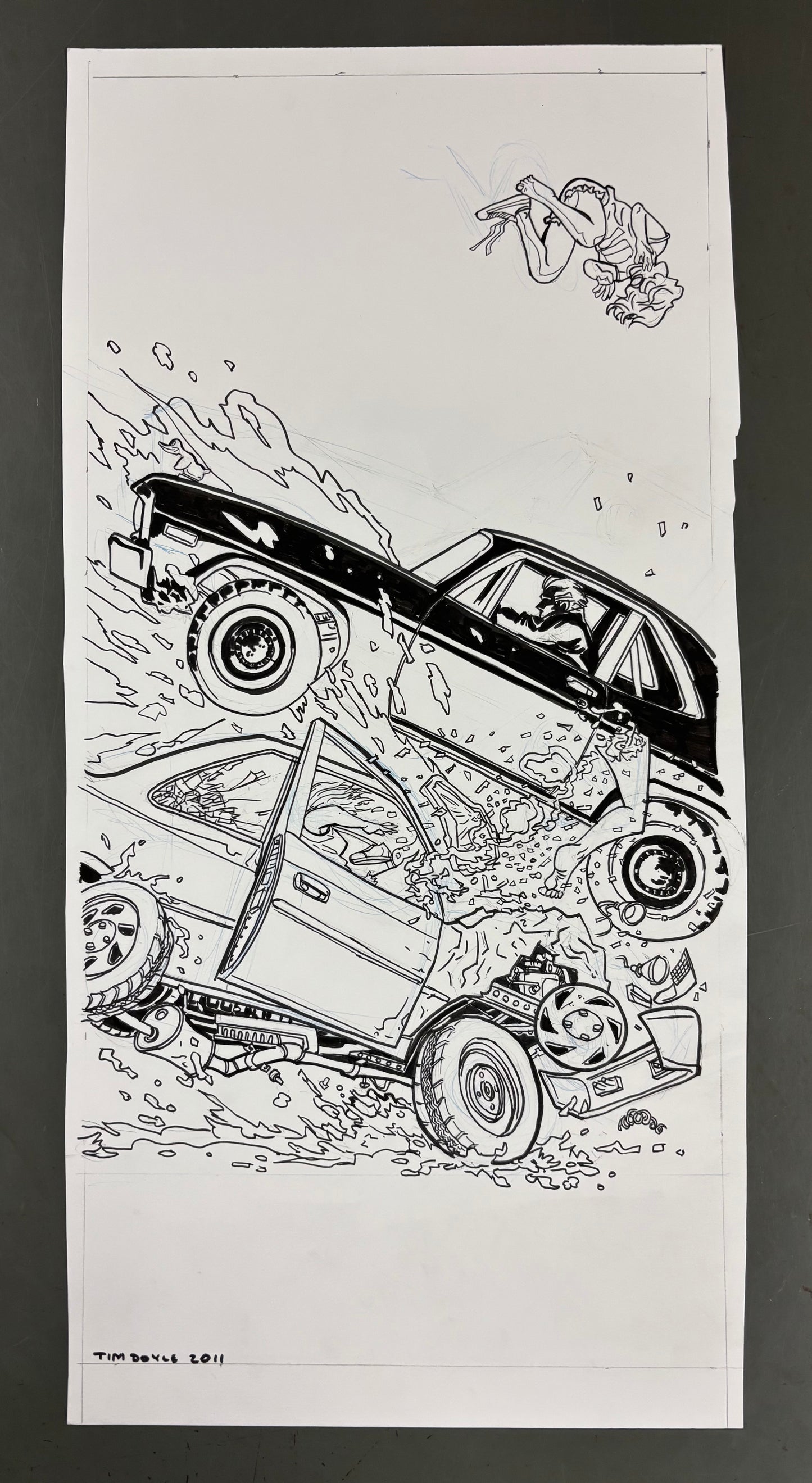 "A 1971 Chevy Nova Making Love to a 1996 Honda Civic" original art