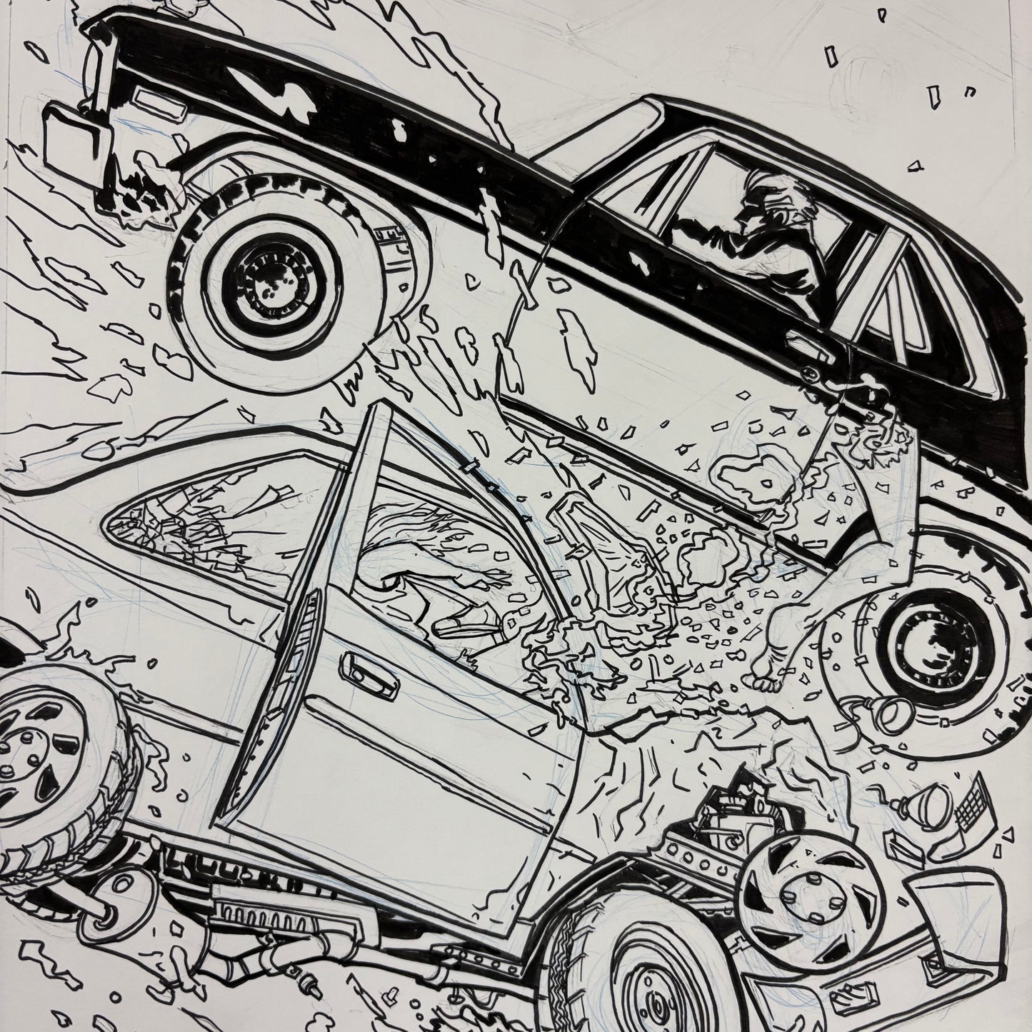 "A 1971 Chevy Nova Making Love to a 1996 Honda Civic" original art