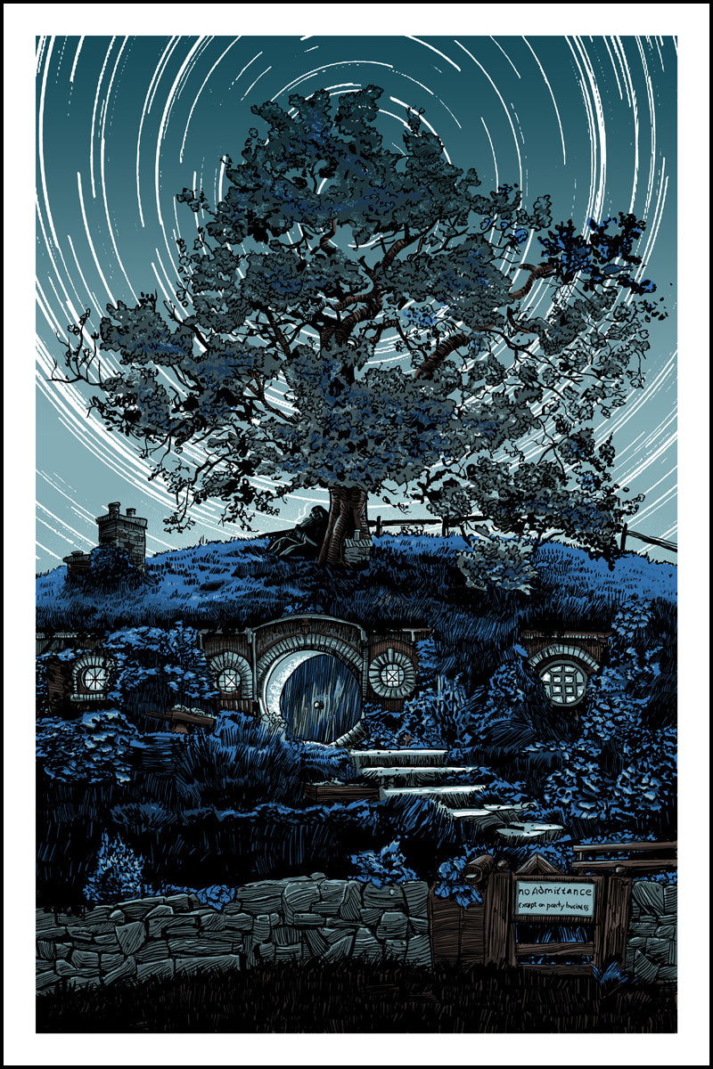 An illustration of a Hobbit, Frodo, sitting under a tree on the hill over Bag End.