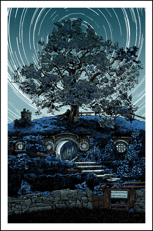 An illustration of a Hobbit, Frodo, sitting under a tree on the hill over Bag End.