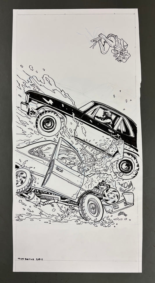 "A 1971 Chevy Nova Making Love to a 1996 Honda Civic" original art