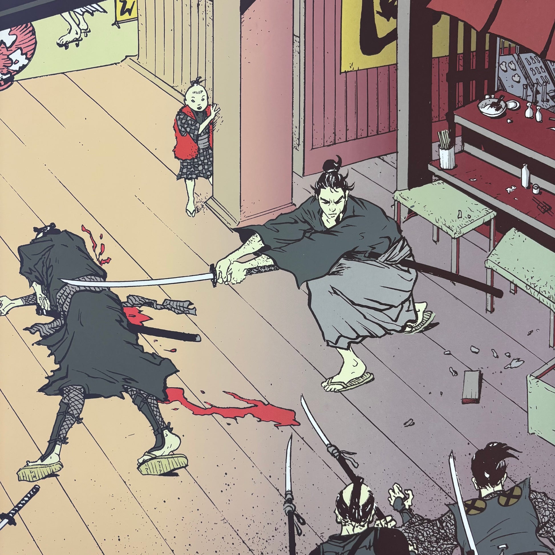 Illustration of Lone Wolf and Cub preparing to engage a group of warriors in a sushi restaurant. Detailed close up of a portion of the artwork.