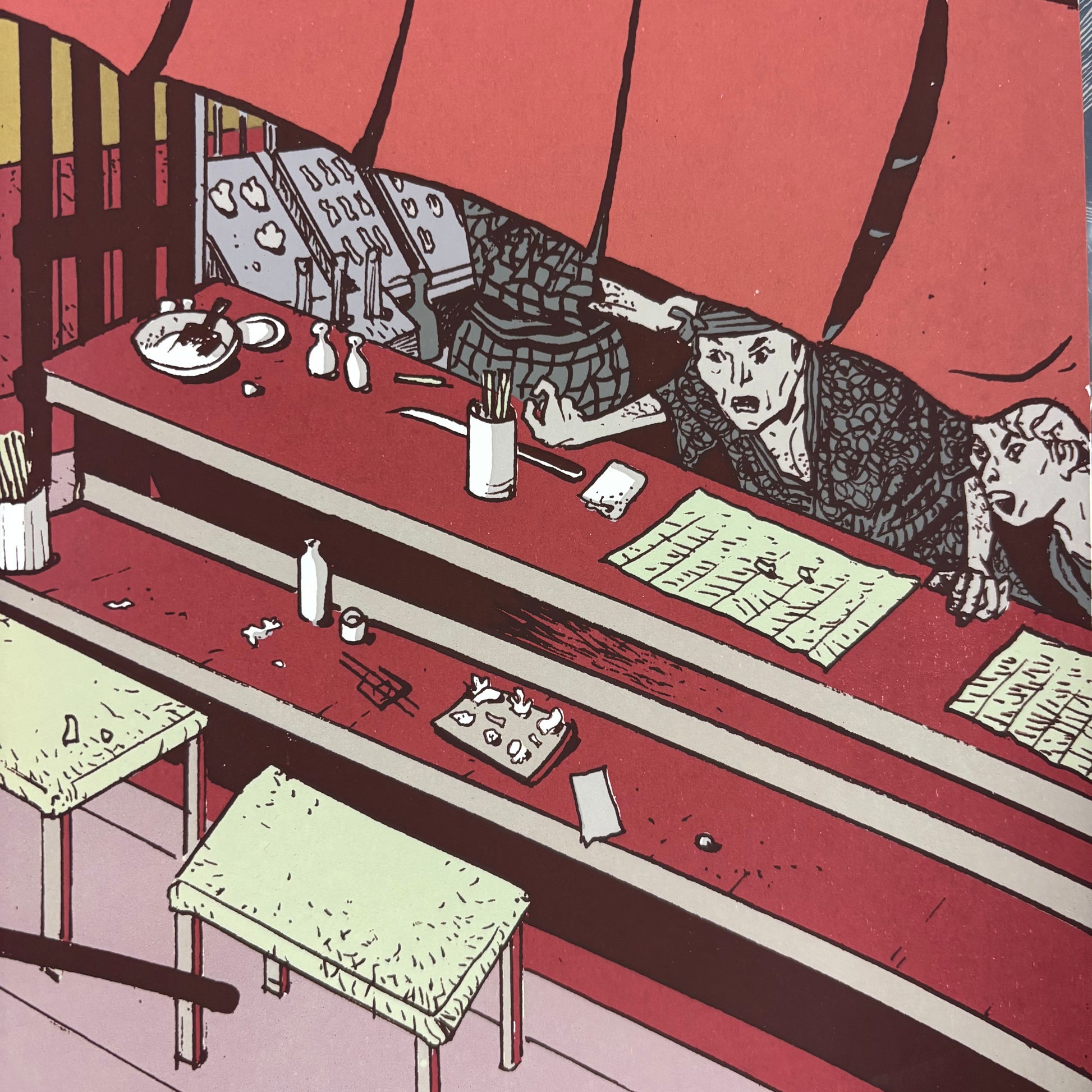Illustration of Lone Wolf and Cub preparing to engage a group of warriors in a sushi restaurant. Detailed close up of a portion of the artwork.