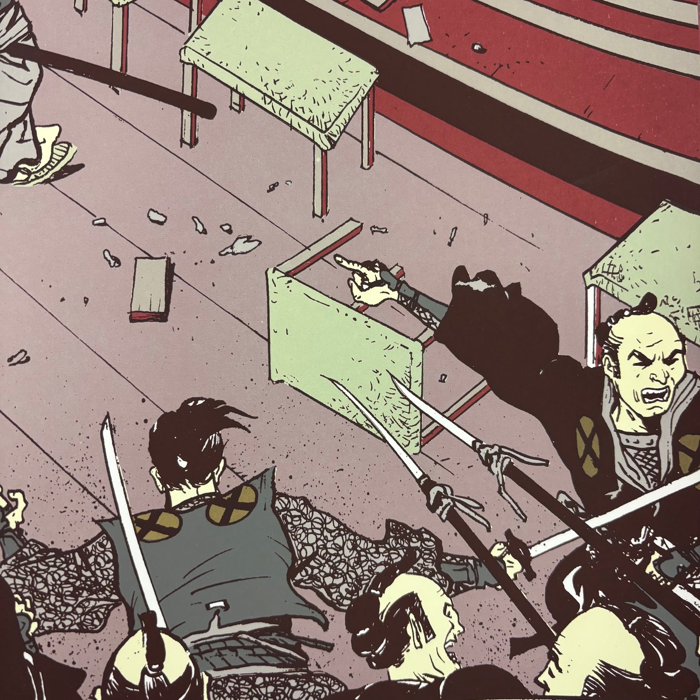 Illustration of Lone Wolf and Cub preparing to engage a group of warriors in a sushi restaurant. Detailed close up of a portion of the artwork.