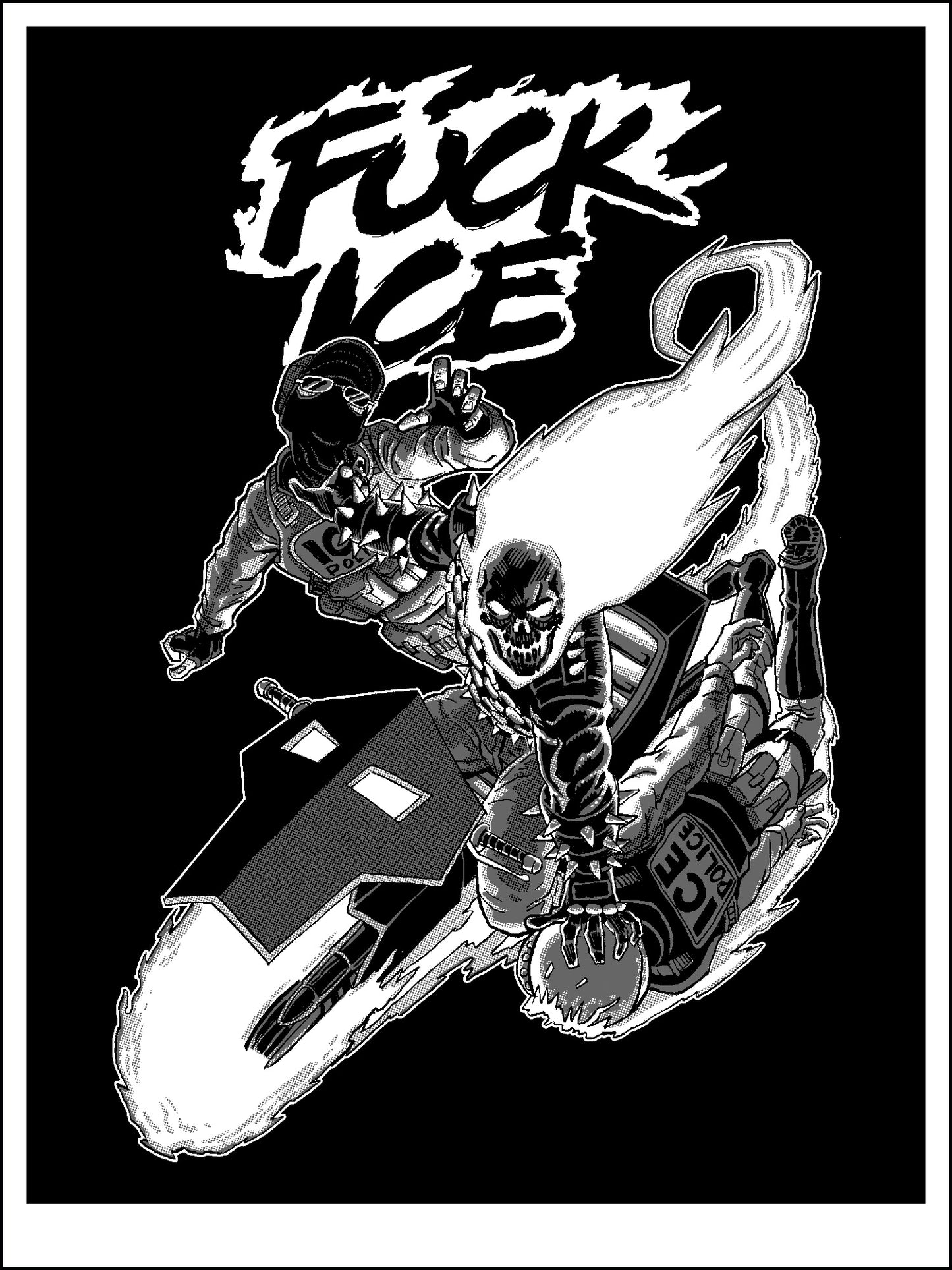 Black and white art print featuring Ghost Rider having a measured conversation with two ICE officers. Text reads 'F**k ICE'