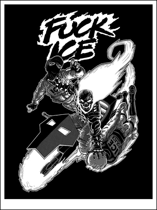 Black and white art print featuring Ghost Rider having a measured conversation with two ICE officers. Text reads 'F**k ICE'