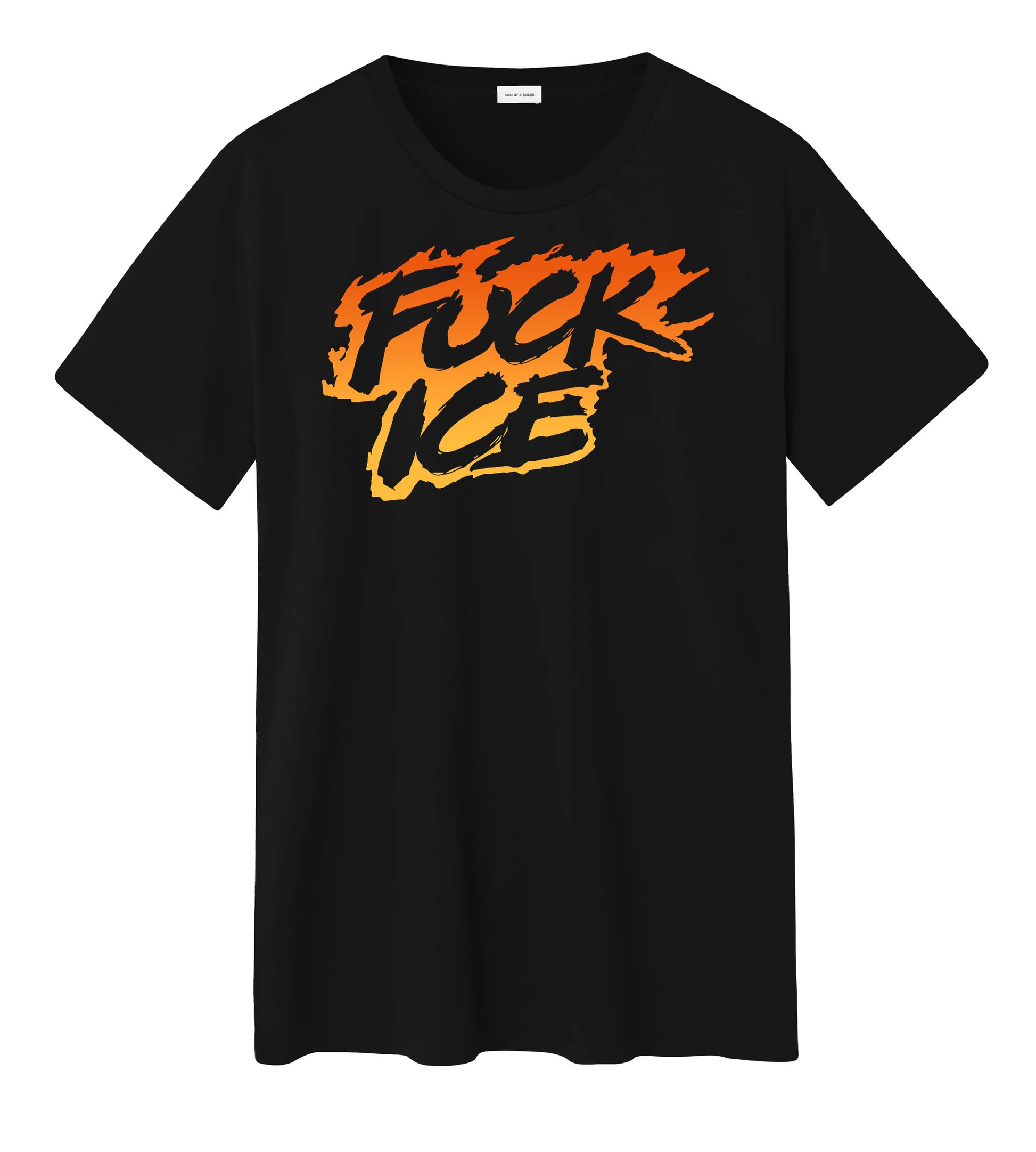 Black t-shirt that reads "FUCK ICE" in black text surrounded by orange flame.