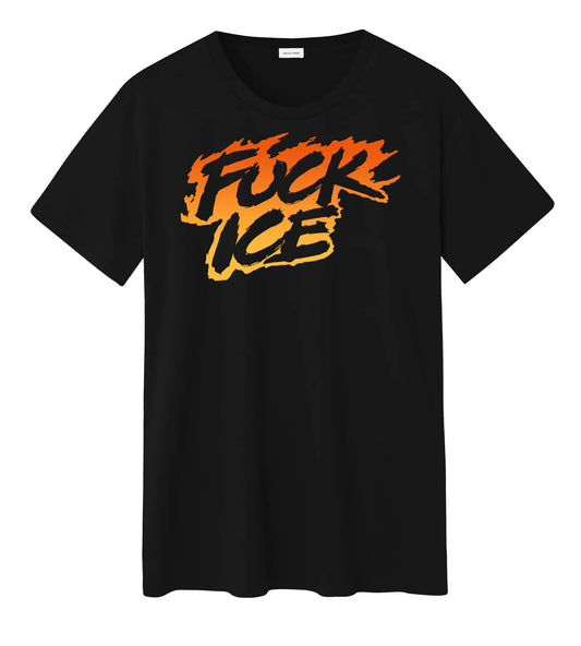 Black t-shirt that reads "FUCK ICE" in black text surrounded by orange flame.