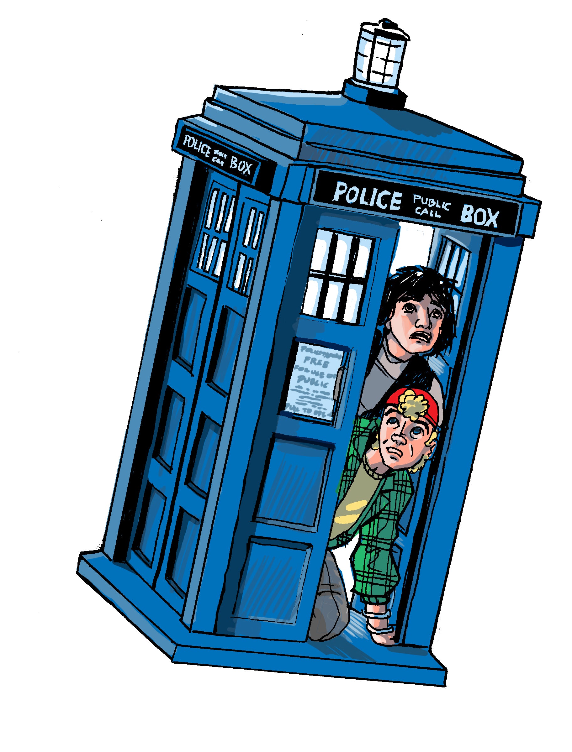 Sticker of Bill and Ted riding in the TARDIS.